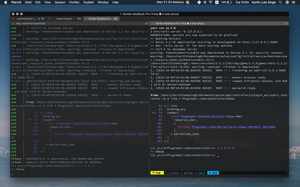 Overmind's combined log on the left and, on the right, overmind connect web attached to a pry session paused in a Rails controller