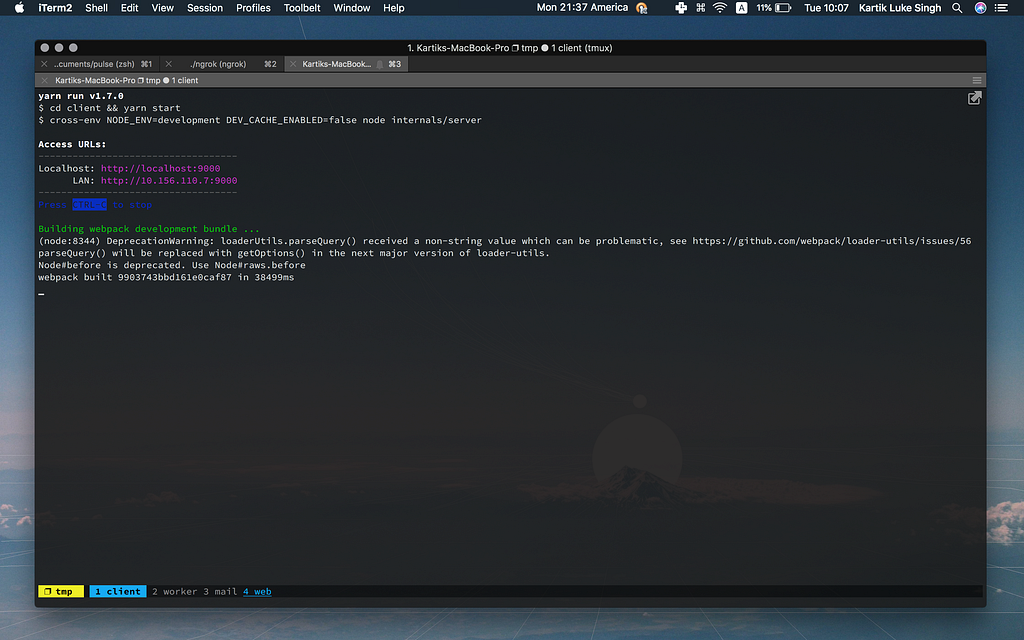A tmux session started by Overmind, with the client process in the active pane and the other processes listed along the bottom bar